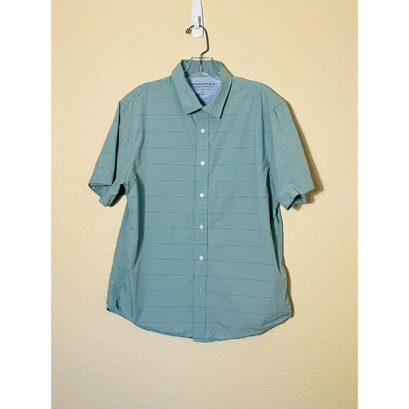 Mens Banana Republic Luxe Poplin Blue Short Sleeve Shirt Large - Picture 1 of 10